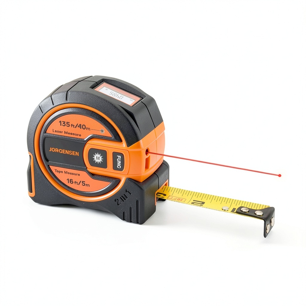 JORGENSEN Laser Tape Measure showing laser measurement on a wall
