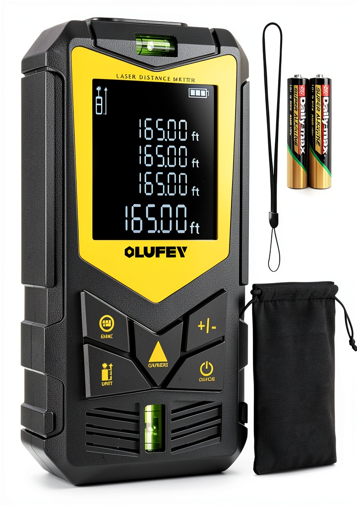 Olufey Laser Distance Meter displaying measurement on a construction site